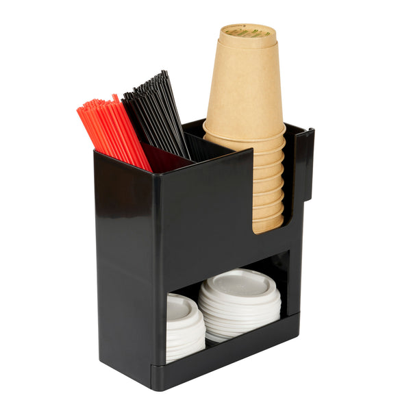 Restaurantware Restpresso Black Plastic Coffee Cup / Lid / Straw Organizer - 4 Section - 9" X 4 1/4" X 9 1/2" - 1 Count Box