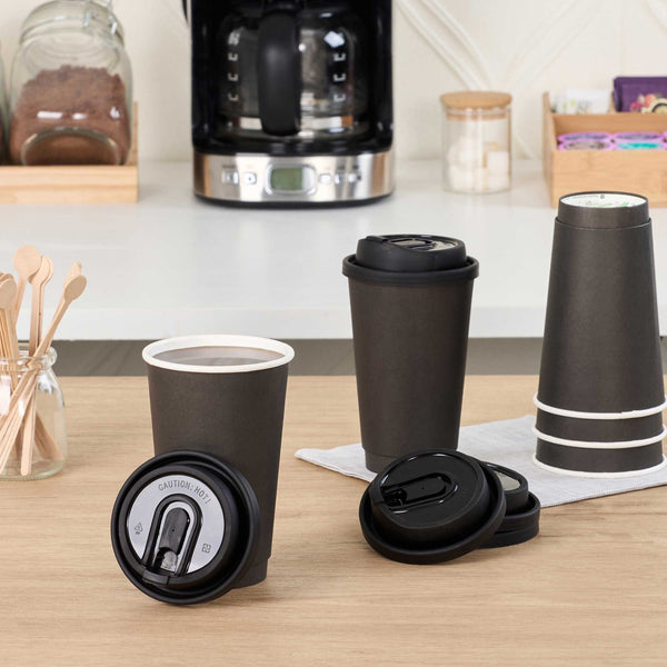 Restaurantware Restpresso Black Plastic Coffee Cup Lid - With Detachable Plug Fits 8 12 16 And 20 Oz - 500 Count Box