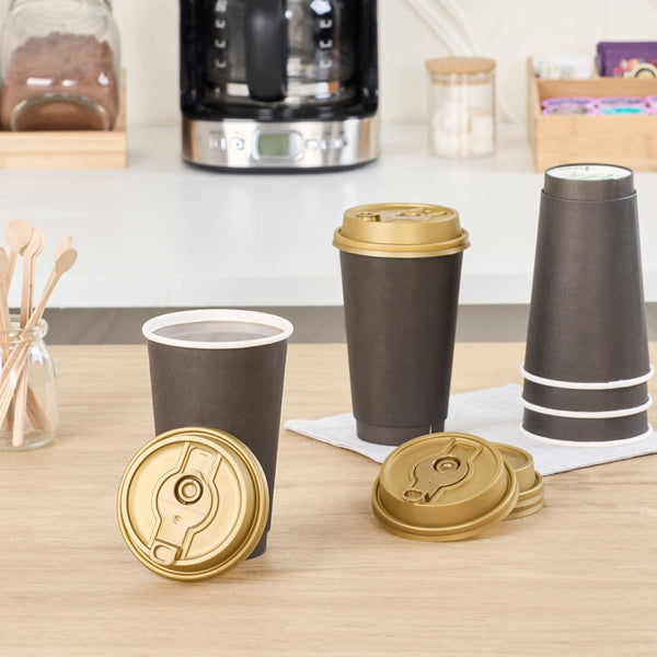 Restaurantware Restpresso Gold Plastic 2-in-1 Straw Or Sippy Coffee Cup Lid - With Detachable Double Plug Fits 8 12 16 And 20 Oz - 500 Count Box