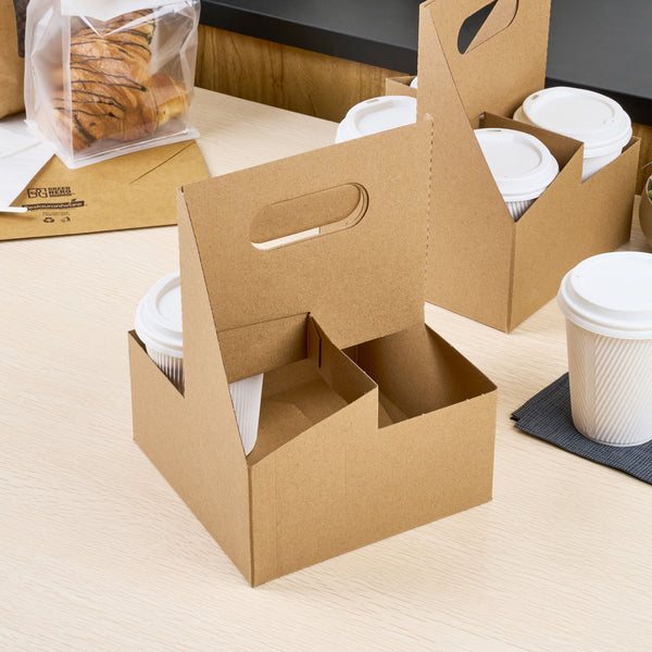 Restaurantware Restpresso Kraft Paper Altalena Drink Carrier - Fits 4 Cups - 7 1/4" X 7 1/4" X 9 1/4" - 100 Count Box
