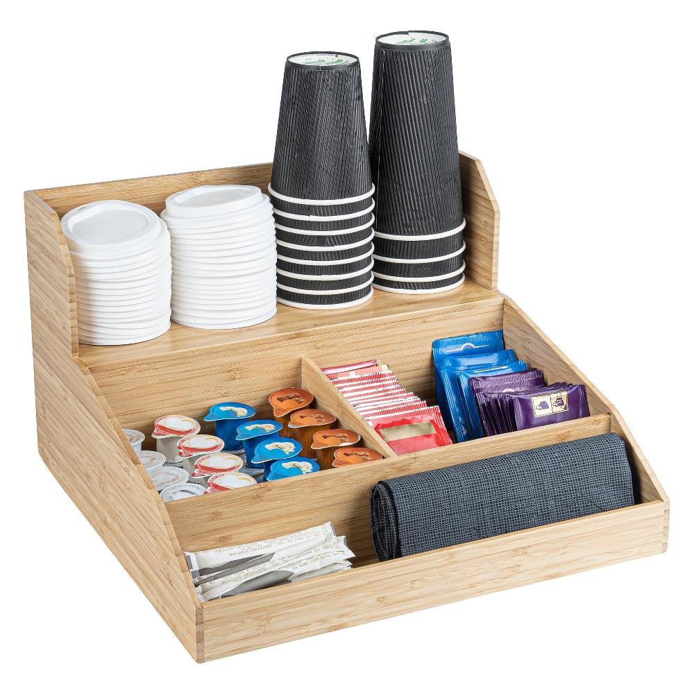 restaurantware Restpresso Natural Bamboo Condiment / Coffee Cup / Lid Organizer - 15" x 14 1/4" x 9 1/4" - 1 count box