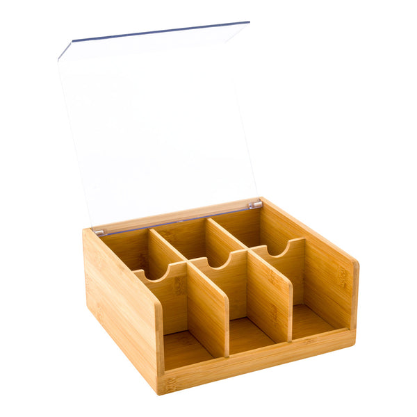 Restaurantware Restpresso Natural Bamboo Tea Organizer - 6 Compartments With Plastic Cover - 8 1/2" X 8" X 3 1/2" - 1 Count Box