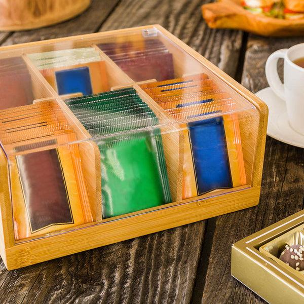 Restaurantware Restpresso Natural Bamboo Tea Organizer - 6 Compartments With Plastic Cover - 8 1/2" X 8" X 3 1/2" - 1 Count Box