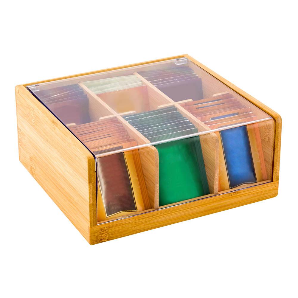 restaurantware Restpresso Natural Bamboo Tea Organizer - 6 Compartments with Plastic Cover - 8 1/2" x 8" x 3 1/2" - 1 count box