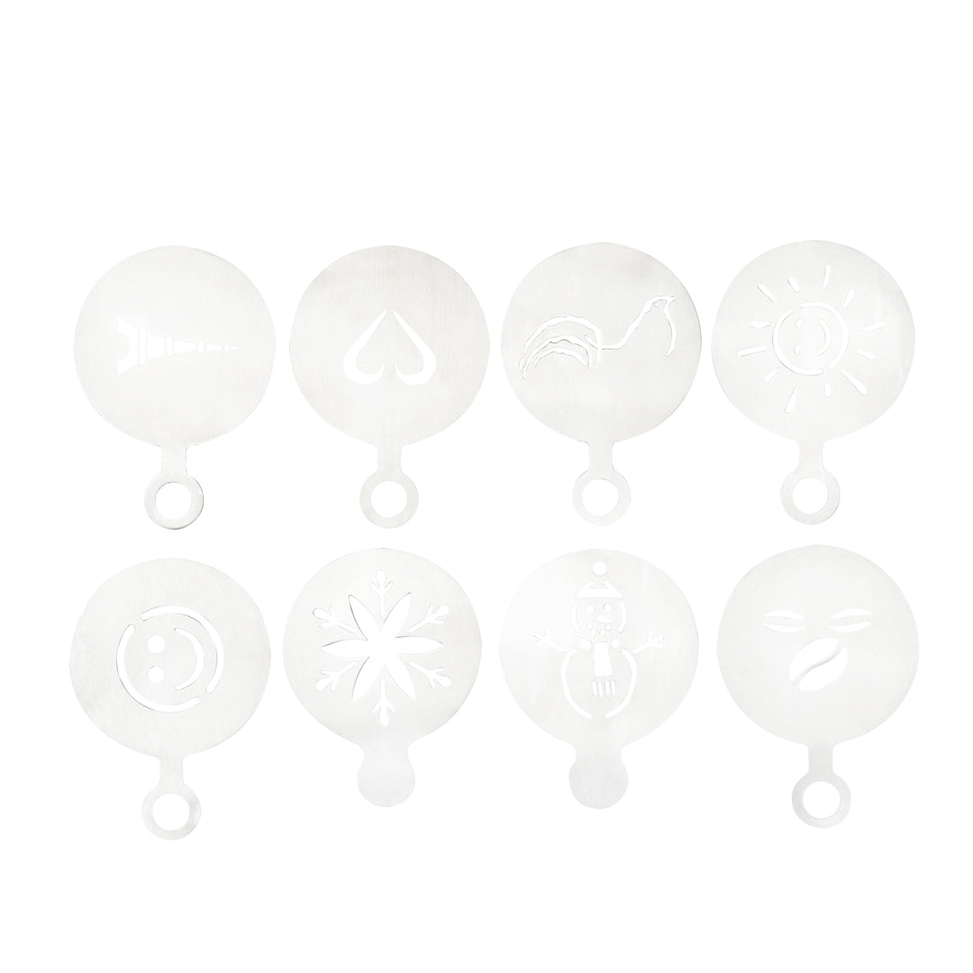 restaurantware Restpresso Stainless Steel Coffee Decorating Stencil Set - Includes 8 Stencils - 4 3/4" x 3 1/4" - 8 count box