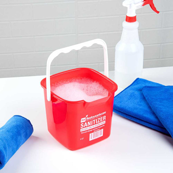 Restaurantware RW Clean 3 Qt Square Red Plastic Sanitizing Bucket - With Plastic Handle - 7" X 6 3/4" X 6" - 6 Count Box