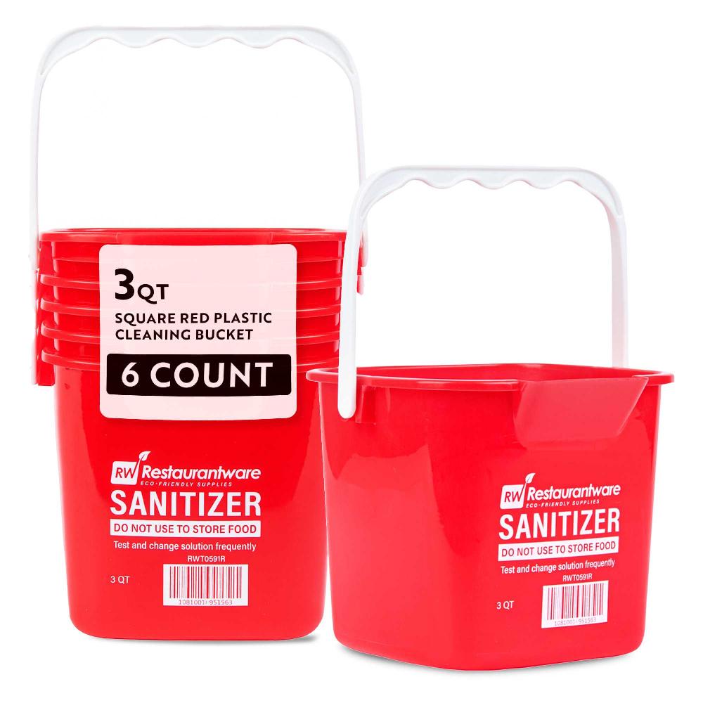 restaurantware RW Clean 3 Qt Square Red Plastic Sanitizing Bucket - with Plastic Handle - 7" x 6 3/4" x 6" - 6 count box