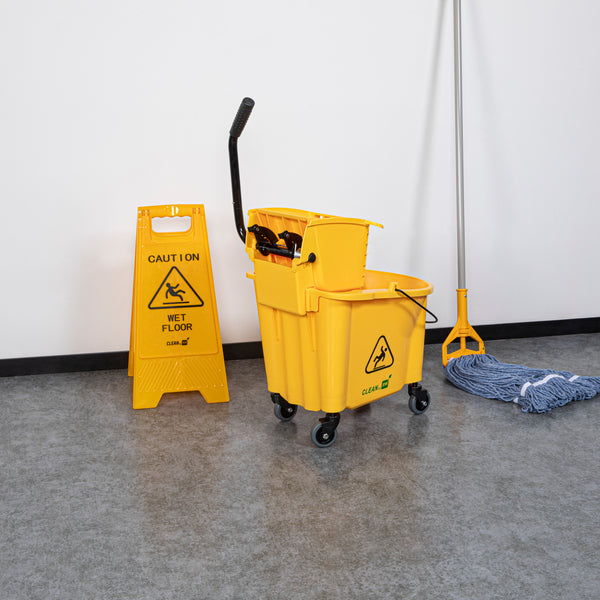 Restaurantware RW Clean 38 Qt Yellow Plastic Mop Bucket - With Side Press Wringer - 22 1/2" X 16 1/4" X 36 1/2" - 1 Count Box