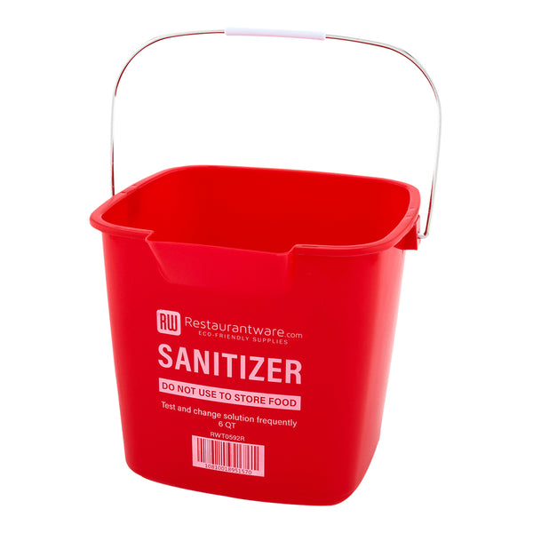 Restaurantware RW Clean 6 Qt Square Red Plastic Sanitizing Bucket - With Stainless Steel Handle - 8 1/2" X 8 1/2" X 7 1/4" - 10 Count Box