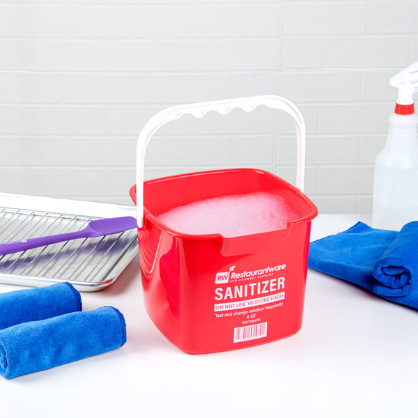 Restaurantware RW Clean 8 Qt Square Red Plastic Sanitizing Bucket - With Plastic Handle - 9 3/4" X 9 3/4" X 7 1/2" - 10 Count Box