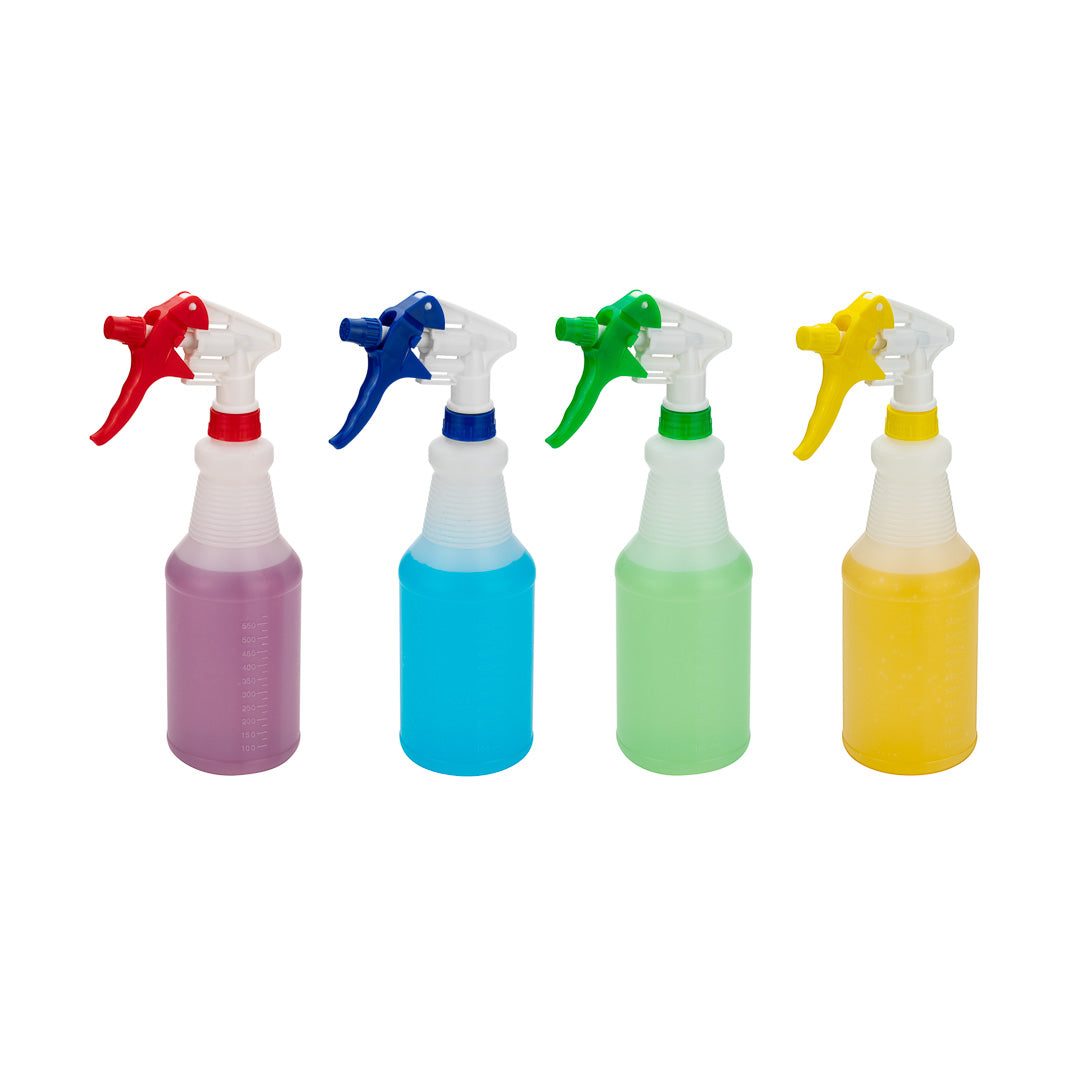 restaurantware RW Clean Assorted 25 oz Plastic Spray Bottle Set - Includes 4 Bottles Adjustable Nozzle - 4 count box