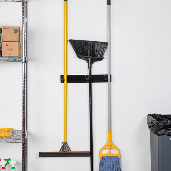 Restaurantware RW Clean Black Mop / Broom Holder - 3 Slots Wall Mount - 17 3/4" - 1 Count Box