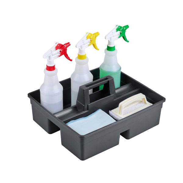 Restaurantware RW Clean Black Plastic Cleaning Caddy - 3 Compartments With Handle - 15 1/4" X 13 1/4" X 6 3/4" - 1 Count Box