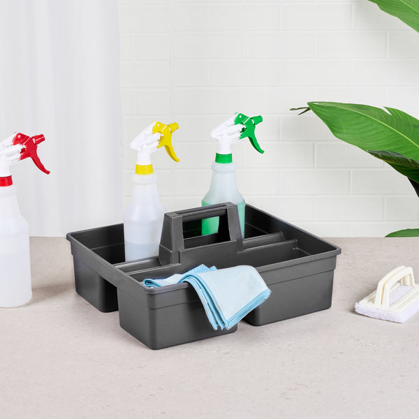 Restaurantware RW Clean Black Plastic Cleaning Caddy - 3 Compartments With Handle - 15 1/4" X 13 1/4" X 6 3/4" - 1 Count Box