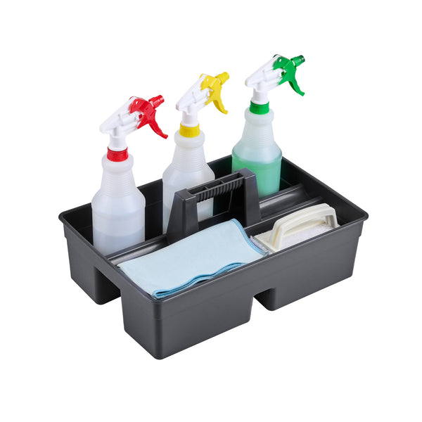 Restaurantware RW Clean Black Plastic Cleaning Caddy - 3 Compartments With Handle - 16" X 10 1/2" X 7" - 1 Count Box
