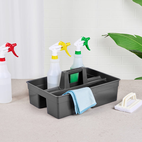 Restaurantware RW Clean Black Plastic Cleaning Caddy - 3 Compartments With Handle - 16" X 10 1/2" X 7" - 1 Count Box