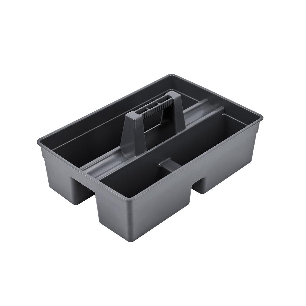 restaurantware RW Clean Black Plastic Cleaning Caddy - 3 Compartments with Handle - 16" x 10 1/2" x 7" - 1 count box