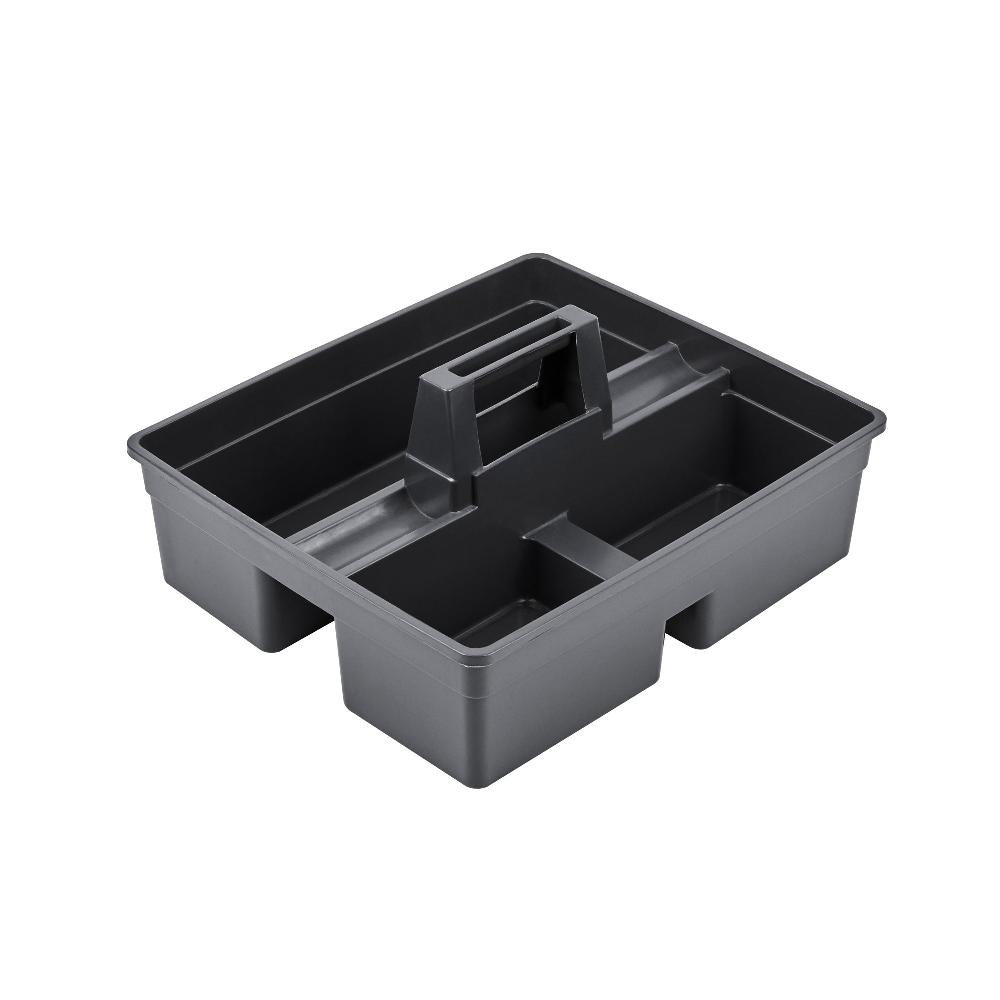 restaurantware RW Clean Black Plastic Cleaning Caddy - 3 Compartments with Handle - 15 1/4" x 13 1/4" x 6 3/4" - 1 count box