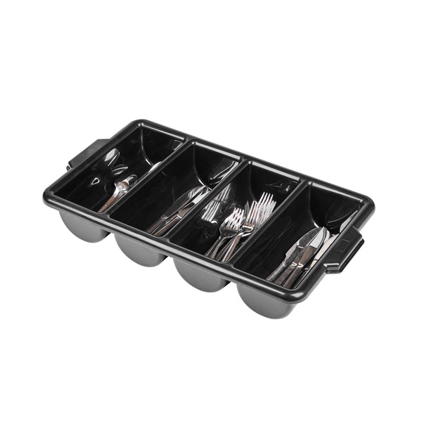 Restaurantware RW Clean Black Plastic Cutlery Box - 4 Compartments With Handles - 22" X 14 1/4" X 3 1/2" - 1 Count Box