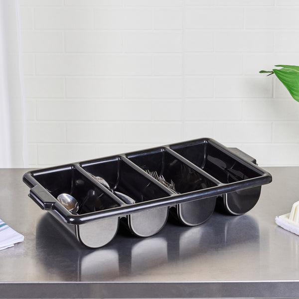 Restaurantware RW Clean Black Plastic Cutlery Box - 4 Compartments With Handles - 22" X 14 1/4" X 3 1/2" - 1 Count Box