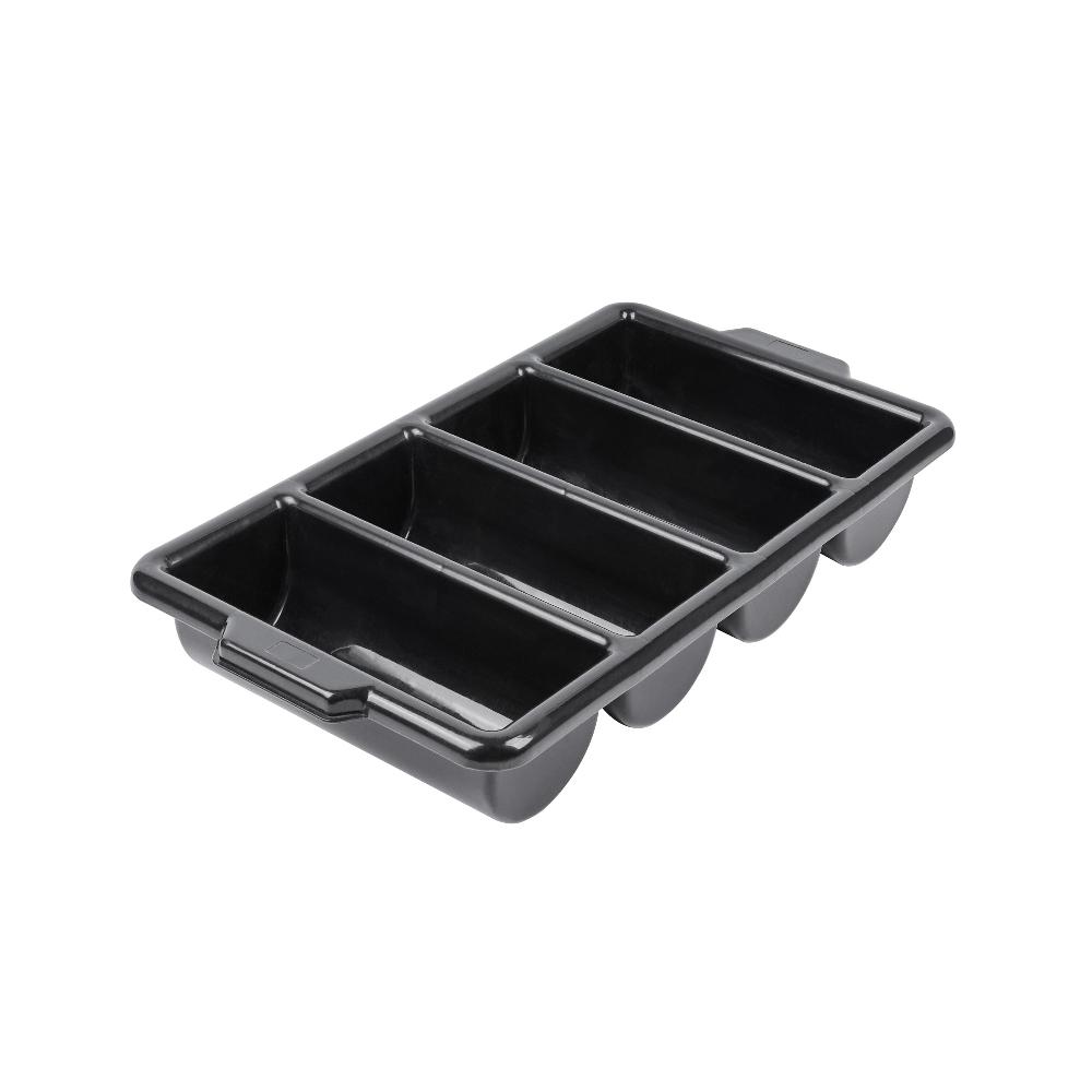 restaurantware RW Clean Black Plastic Cutlery Box - 4 Compartments with Handles - 22" x 14 1/4" x 3 1/2" - 1 count box