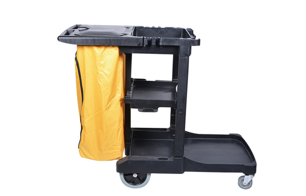 Restaurantware RW Clean Black Plastic Heavy-Duty Janitor Cart - 3 Shelves 20 Gal Nylon Bag Hinged Lid - 44 1/4" X 20" X 37 3/4" - 1 Count Box