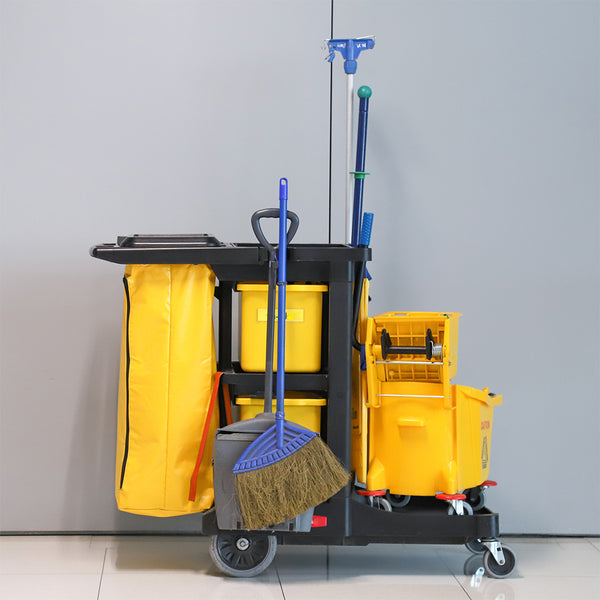 Restaurantware RW Clean Black Plastic Heavy-Duty Janitor Cart - 3 Shelves 20 Gal Nylon Bag Hinged Lid - 44 1/4" X 20" X 37 3/4" - 1 Count Box