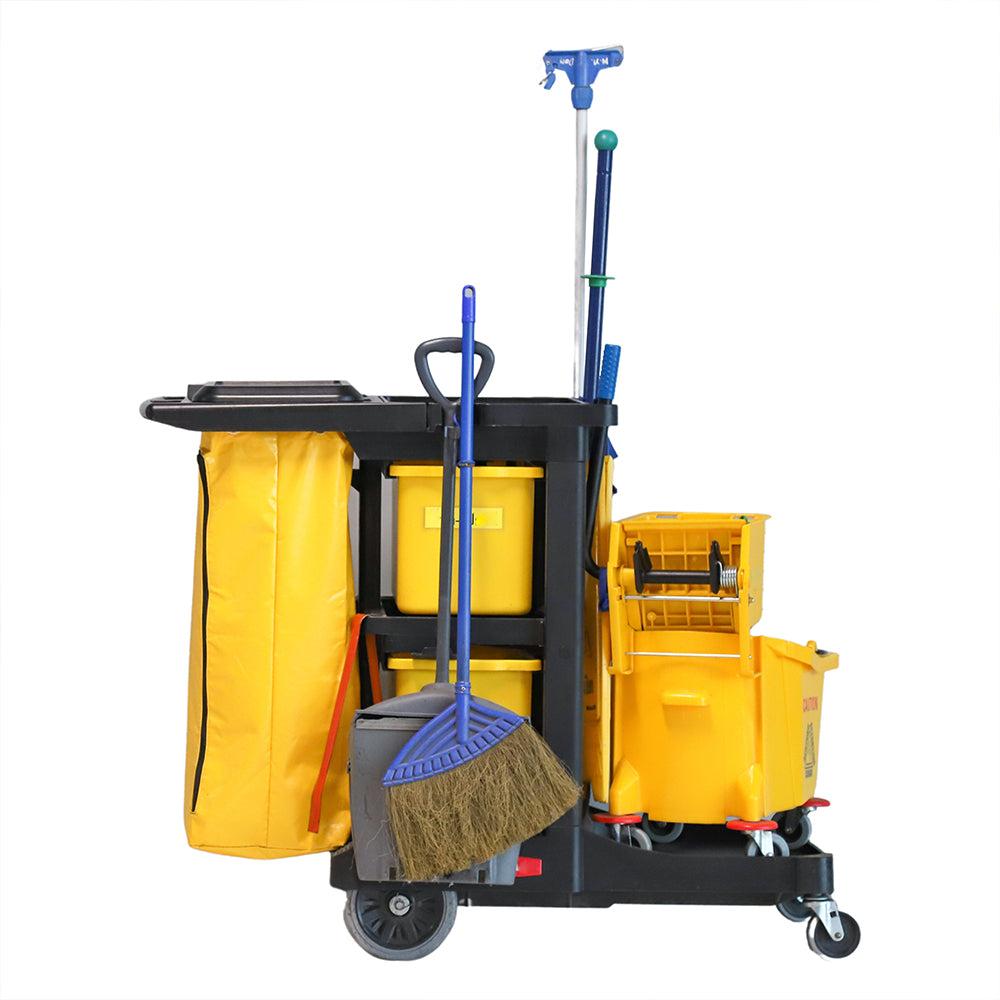 restaurantware RW Clean Black Plastic Heavy-Duty Janitor Cart - 3 Shelves 20 gal Nylon Bag Hinged Lid - 44 1/4" x 20" x 37 3/4" - 1 count box