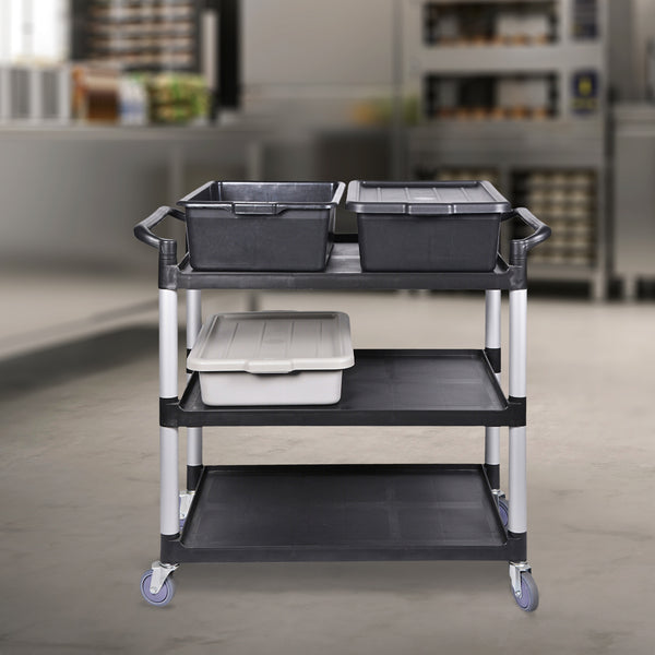 Restaurantware RW Clean Black Plastic Large Heavy-Duty Rolling Utility Cart - 3 Shelves - 40 1/4" X 19 3/4" X 37 3/4" - 1 Count Box