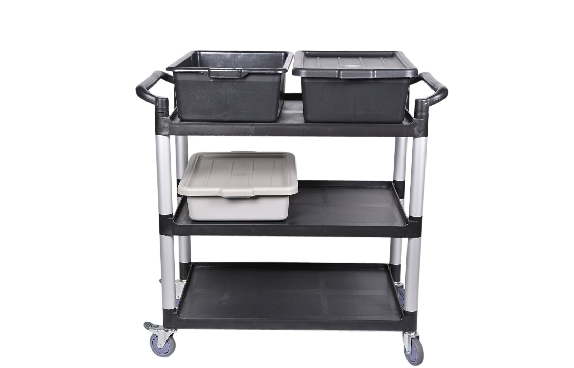 restaurantware RW Clean Black Plastic Small Heavy-Duty Rolling Utility Cart - 3 Shelves - 32" x 17" x 35 3/4" - 1 count box