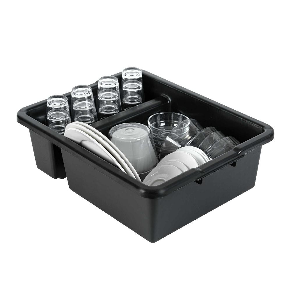 restaurantware RW Clean Black Polypropylene Bus Tub / Bus Box - Divided Deep Easy Grip - 21 1/4" x 16 3/4" x 7" - 10 count box