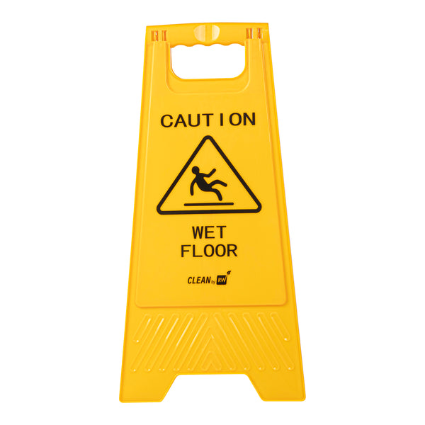 Restaurantware RW Clean Yellow Plastic Caution Wet Floor Sign - Double-Sided - 11 3/4" X 2" X 24 1/2" - 1 Count Box