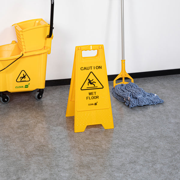 Restaurantware RW Clean Yellow Plastic Caution Wet Floor Sign - Double-Sided - 11 3/4" X 2" X 24 1/2" - 1 Count Box