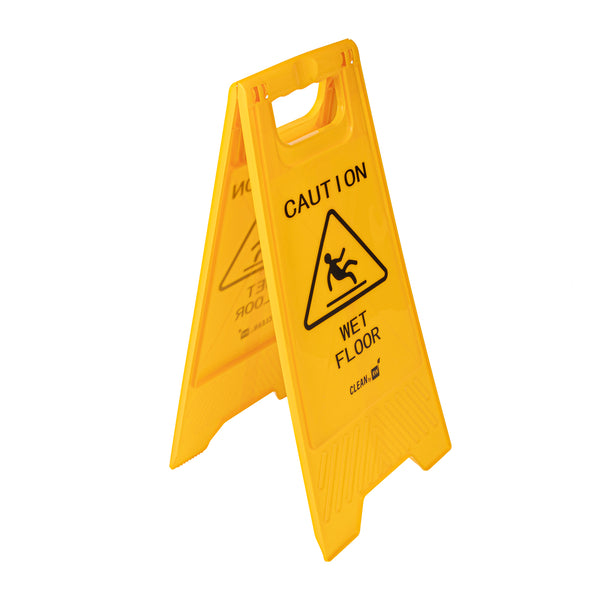 Restaurantware RW Clean Yellow Plastic Caution Wet Floor Sign - Double-Sided - 11 3/4" X 2" X 24 1/2" - 1 Count Box