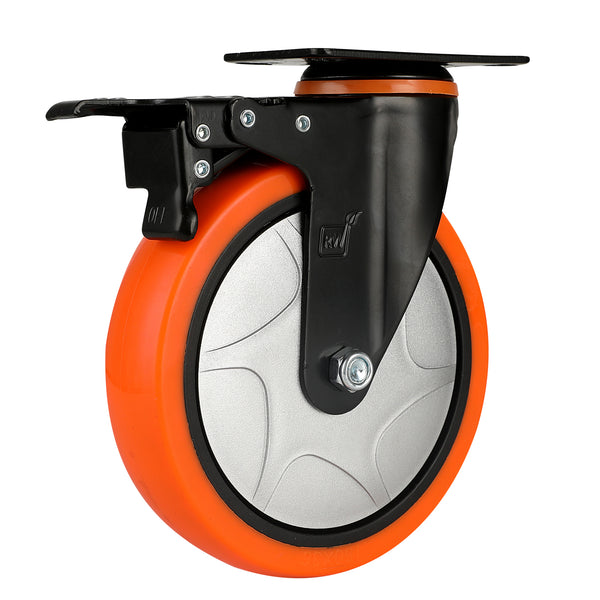Restaurantware RW Hardware Orange Swivel Plate Caster - With Brakes And Mounting Hardware Heavy Duty - 6" - 4 Count Box