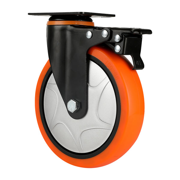 Restaurantware RW Hardware Orange Swivel Plate Caster - With Brakes And Mounting Hardware Heavy Duty - 6" - 4 Count Box