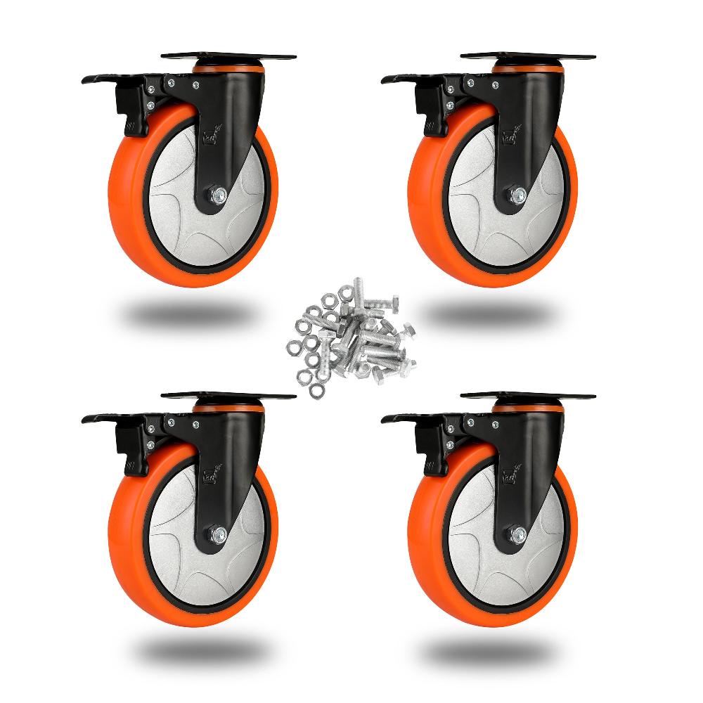 restaurantware RW Hardware Orange Swivel Plate Caster - with Brakes and Mounting Hardware Heavy Duty - 6" - 4 count box