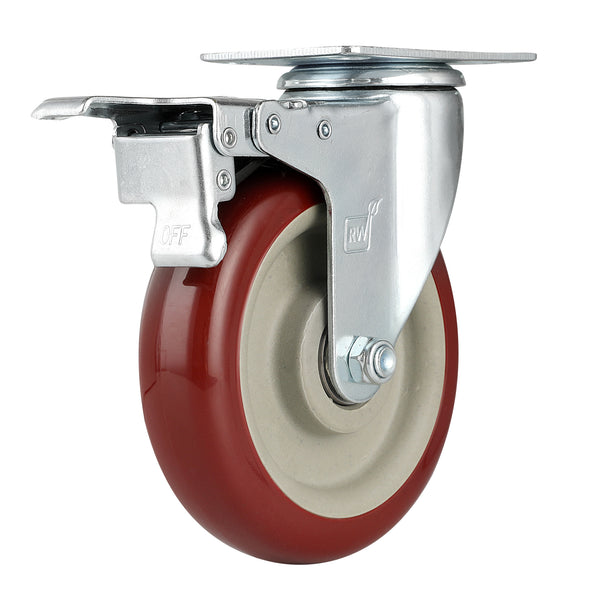 Restaurantware RW Hardware Red Swivel Plate Caster - With Brakes And Mounting Hardware - 5" - 4 Count Box