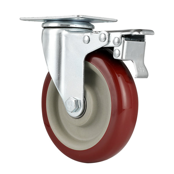 Restaurantware RW Hardware Red Swivel Plate Caster - With Brakes And Mounting Hardware - 5" - 4 Count Box