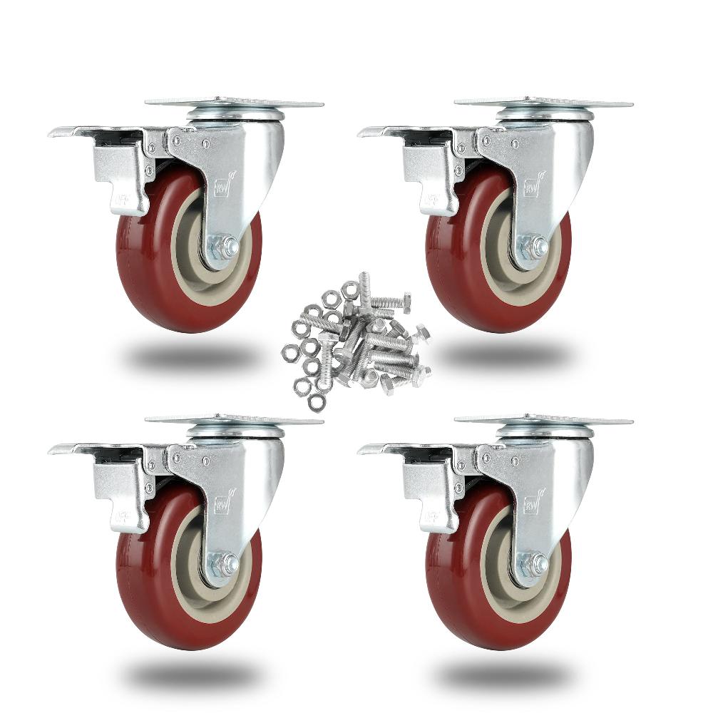 restaurantware RW Hardware Red Swivel Plate Caster - with Brakes and Mounting Hardware - 4" - 4 count box
