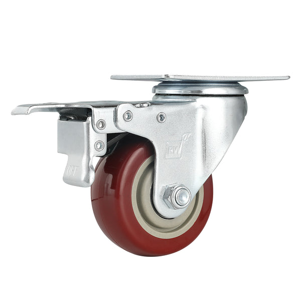 Restaurantware RW Hardware Red Swivel Plate Caster - With Brakes And Mounting Hardware - 3" - 4 Count Box