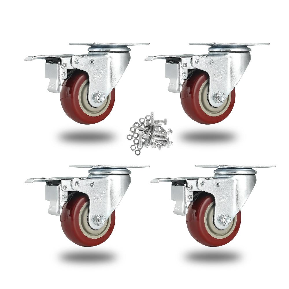 restaurantware RW Hardware Red Swivel Plate Caster - with Brakes and Mounting Hardware - 3" - 4 count box