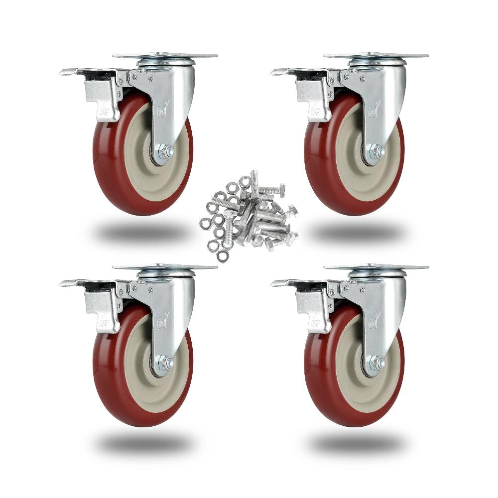 restaurantware RW Hardware Red Swivel Plate Caster - with Brakes and Mounting Hardware - 5" - 4 count box