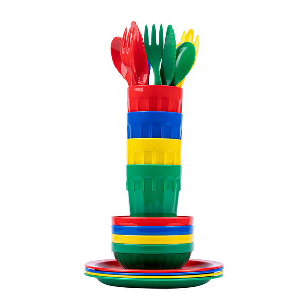 Restaurantware RW Kids 24-Piece Assorted Plastic Kids Dinnerware Set With Plates - Microwave-Safe Dishwasher-Safe BPA-Free - 1 Count Box