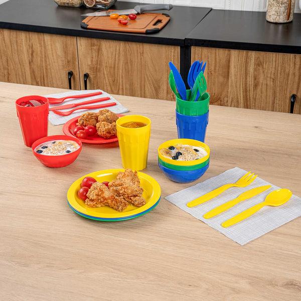 Restaurantware RW Kids 24-Piece Assorted Plastic Kids Dinnerware Set With Plates - Microwave-Safe Dishwasher-Safe BPA-Free - 1 Count Box