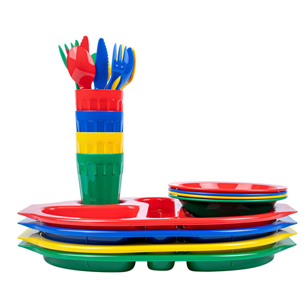 Restaurantware RW Kids 24-Piece Assorted Plastic Kids Dinnerware Set With Trays - Microwave-Safe Dishwasher-Safe BPA-Free - 1 Count Box