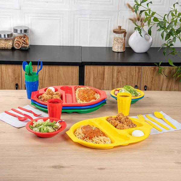 Restaurantware RW Kids 24-Piece Assorted Plastic Kids Dinnerware Set With Trays - Microwave-Safe Dishwasher-Safe BPA-Free - 1 Count Box