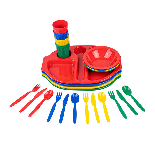 Restaurantware RW Kids 24-Piece Assorted Plastic Kids Dinnerware Set With Trays - Microwave-Safe Dishwasher-Safe BPA-Free - 1 Count Box