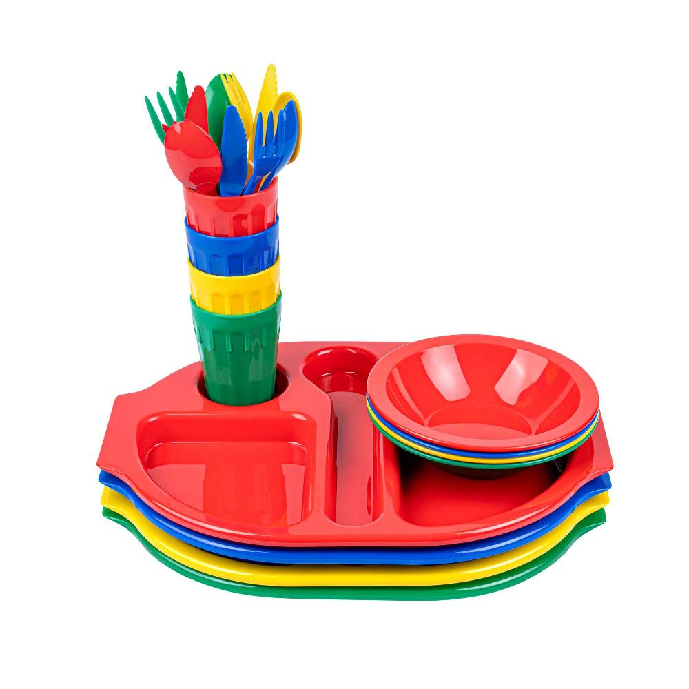 restaurantware RW Kids 24-Piece Assorted Plastic Kids Dinnerware Set with Trays - Microwave-Safe Dishwasher-Safe BPA-Free - 1 count box