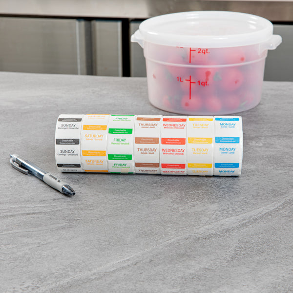 Restaurantware RW Smart 7-Day Weekly Food Rotation Label - Dissolvable Trilingual - 1" X 1" - 3500 Labels